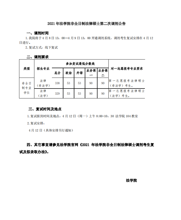 华中师范大学2021年法学院非全日制法律硕士第二次调剂公告