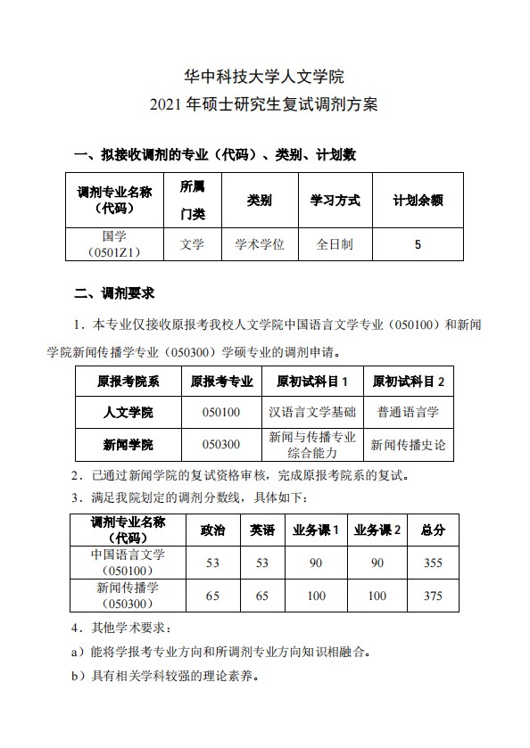 华中科技大学人文学院2021年硕士调剂方案（1）
