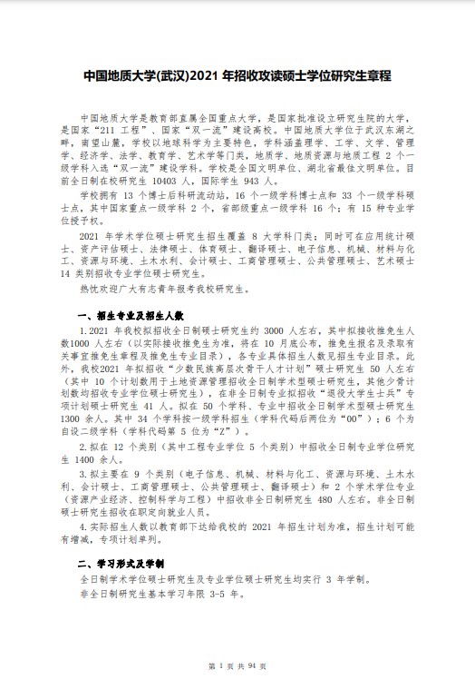 中国地质大学(武汉)2021年硕士研究生招生简章（1）