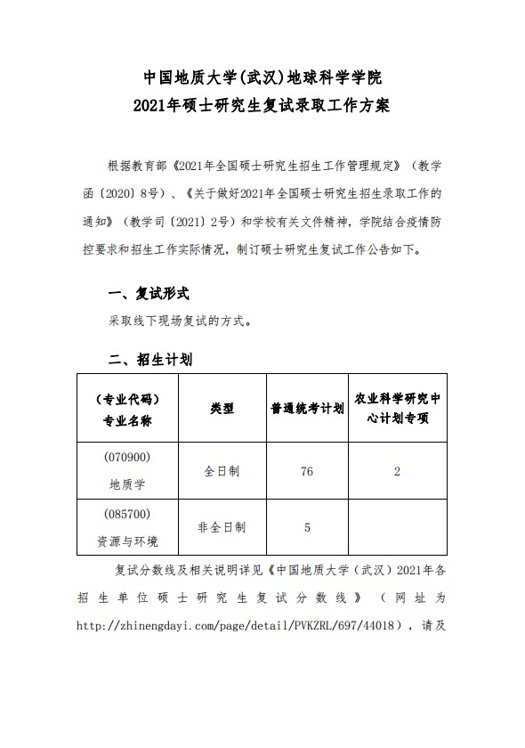 中国地质大学(武汉)地球科学学院2021年考研复试录取工作方案（1）