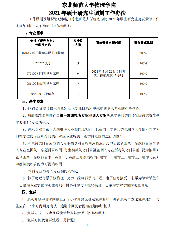 东北师范大学物理学院2021年硕士研究生调剂工作办法