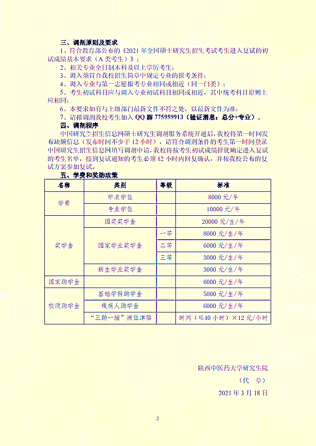 陕西中医药大学2021年硕士研究生调剂方案②