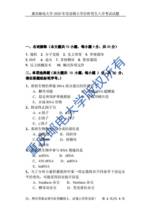 重庆邮电大学2020年分子生物学(615)考研真题（1）