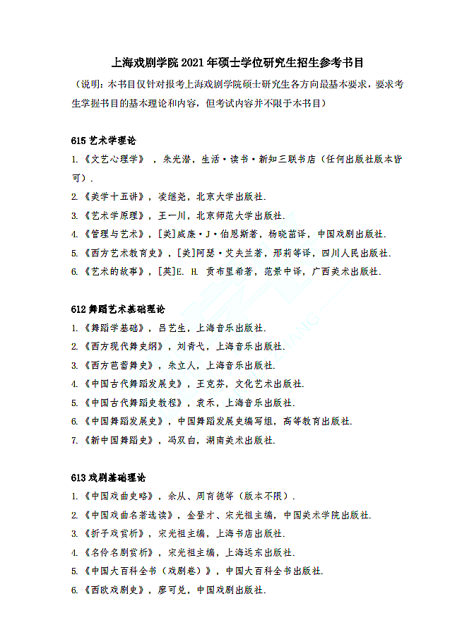 上海戏剧学院2021年硕士学位研究生招生参考书目