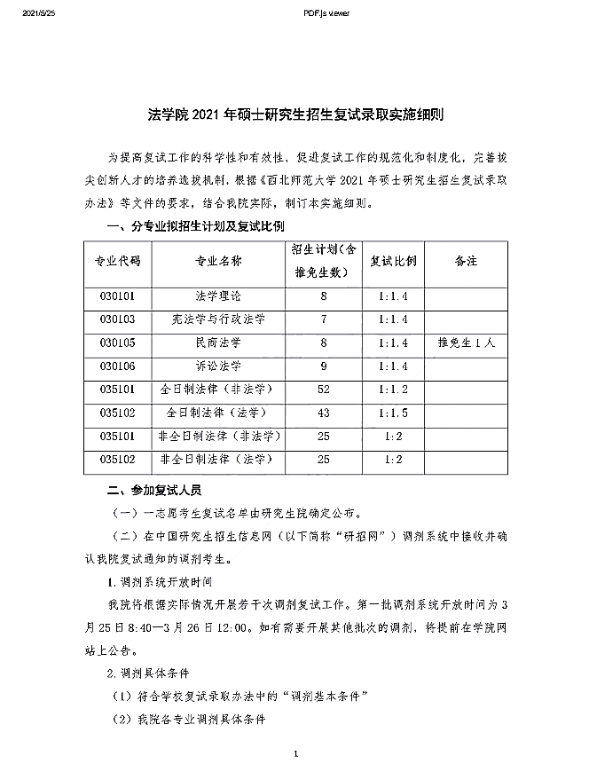 西北师范大学法学院2021年硕士研究生招生复试录取工作实施细则