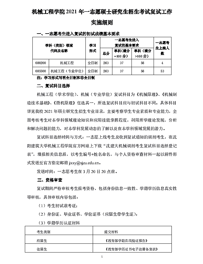 沈阳建筑大学机械工程学院2021年硕士研究生招生复试工作实施细则