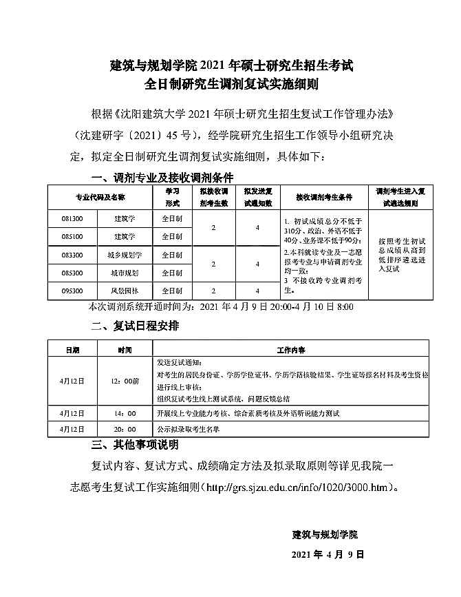 沈阳建筑大学建筑与规划学院2021年硕士研究生招生复试全日制调剂公告