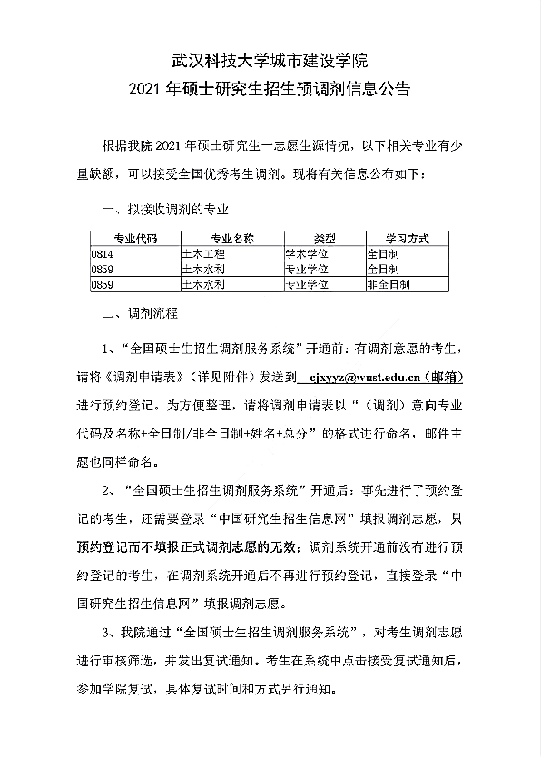 武汉科技大学城市建设学院2021年硕士研究生招生预调剂公告