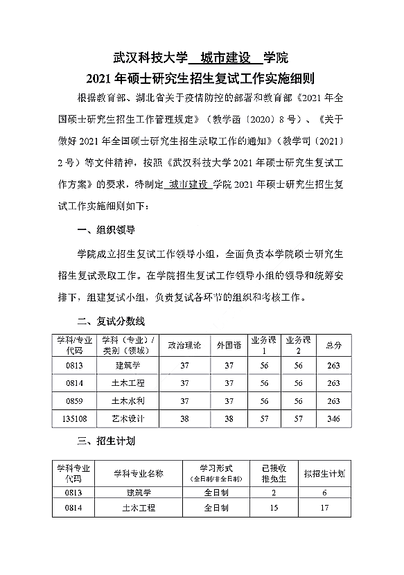 武汉科技大学城市建设学院2021年硕士研究生招生复试录取工作安排