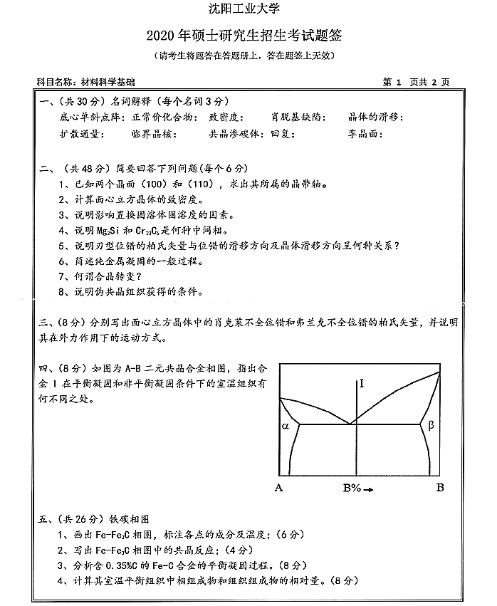 沈阳工业大学材料科学与工程学院2020年硕士研究生招生初试专业课真题