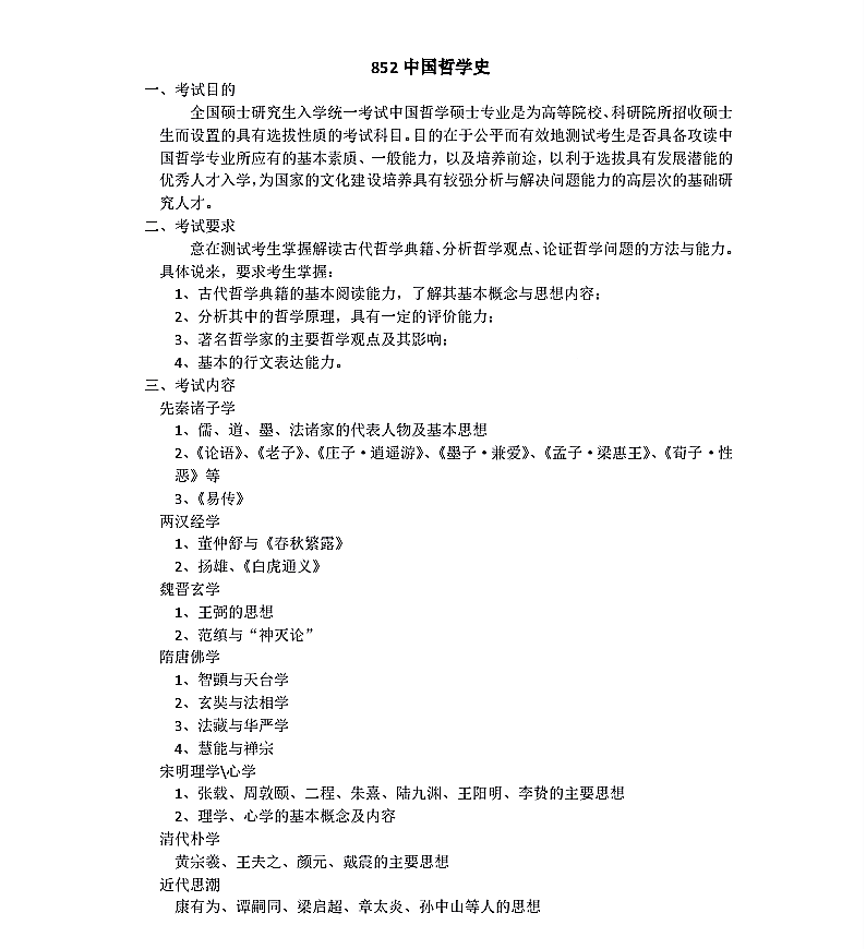 上海社会科学院2021年硕士研究生《852中国哲学史》考试大纲