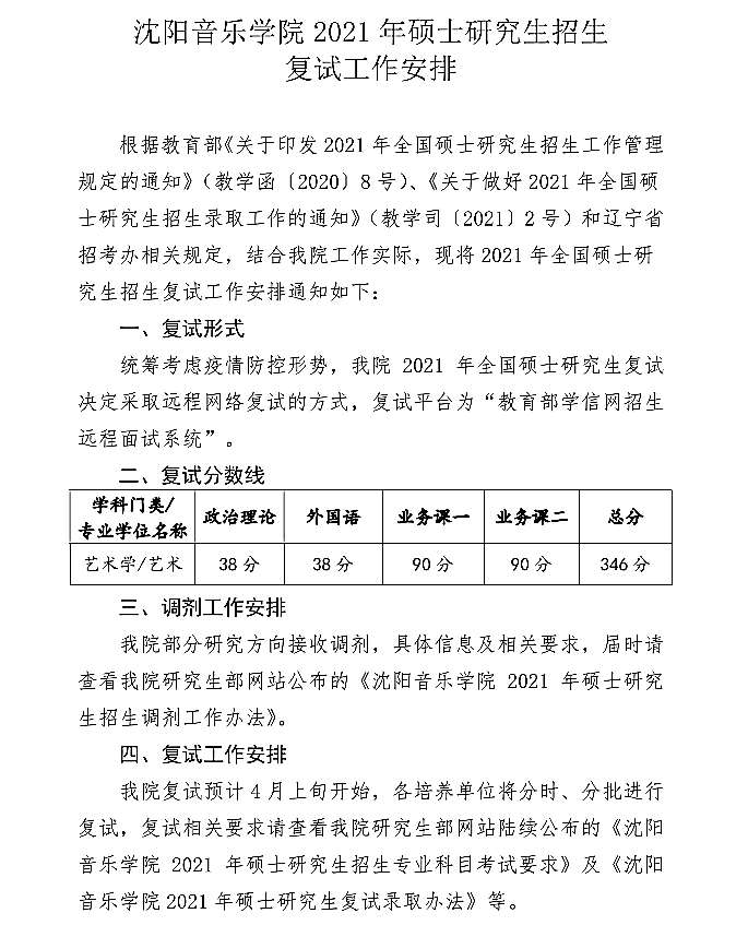 沈阳音乐学院2021年硕士研究生复试工作办法