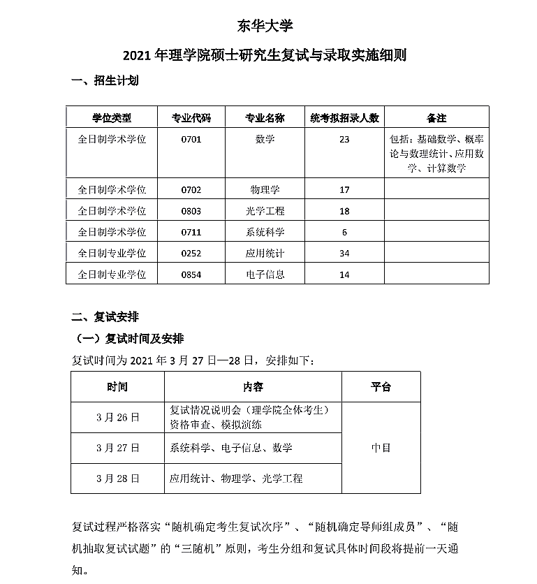 东华大学理学院2021年硕士研究生复试录取实施细则